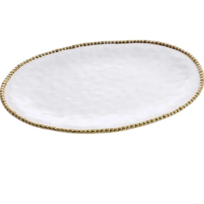 Baroque Collection 15 Inch White Gold Beaded Oval Serving Tray