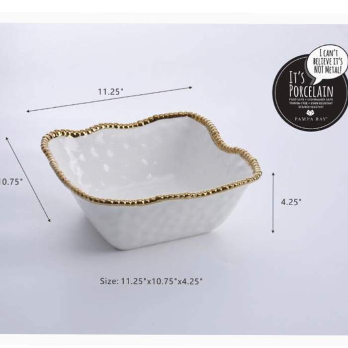 Baroque Collection 10" White Gold Beaded Square Serving Bowl