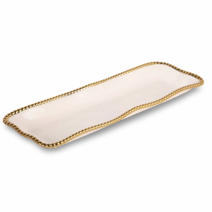 Baroque Collection 18" x 8" White Gold Beaded Rectangle Serving Tray