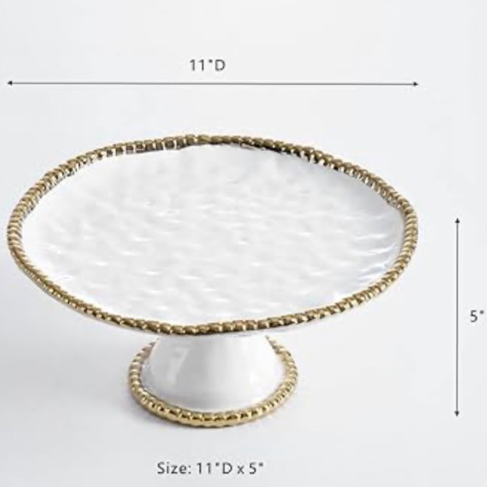 Baroque Collection 12" White Gold Beaded Round Cake Stand