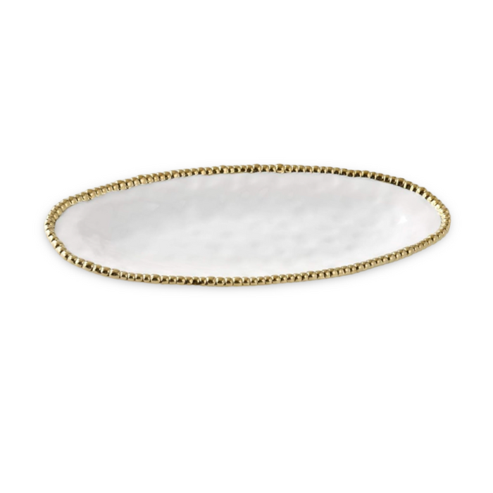 Baroque Collection 17" x 7" White Gold Beaded Oval Serving Tray
