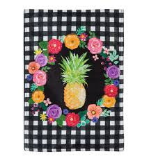 Pineapple Plaid Floral Garden Burlap Flag
