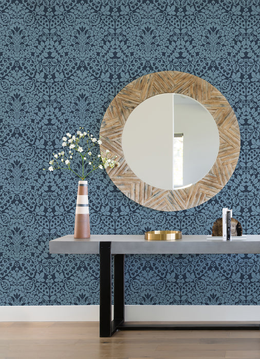 MARNI NAVY FRUIT DAMASK WALLPAPER / COLLECTION: A-Street Prints Happy