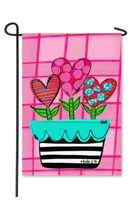Baxter & Me Garden Flag-Pink Heart Flower Pot