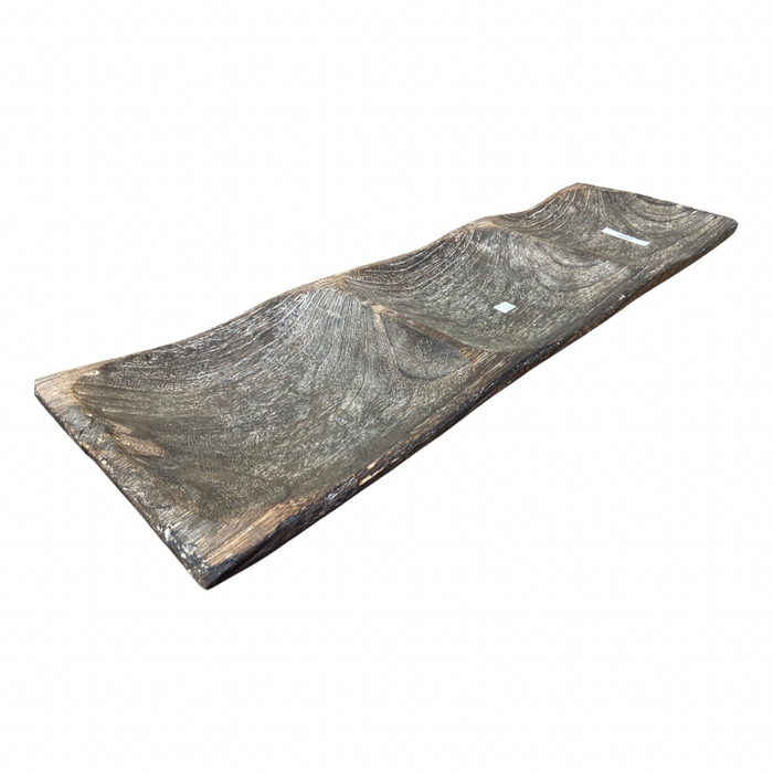 32.5 Inch Carved Rectangular Paulowina Wood Divided Tray